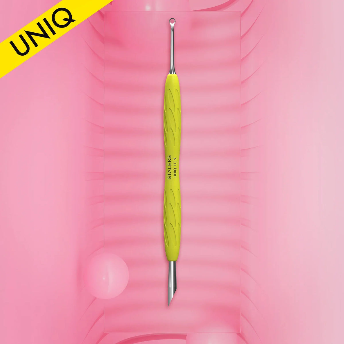 Manicure Pusher With Silicone Handle "Yellow" UNIQ 11 TYPE 2 (Slanted Pusher + Ring) PQ-11/2y STALEKS